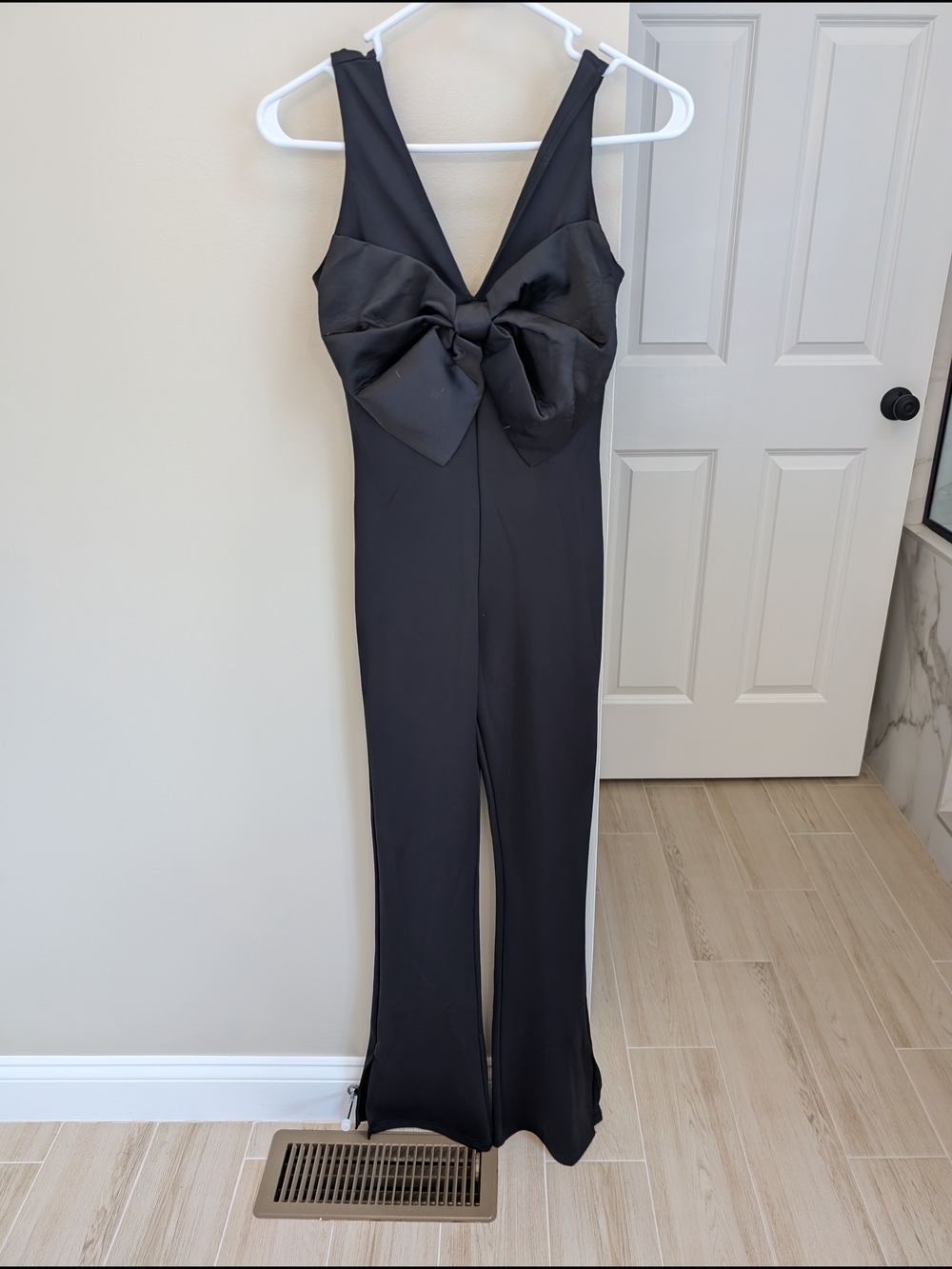 Kittenish Black Satin Bow-Front Wide-Leg Jumpsuit